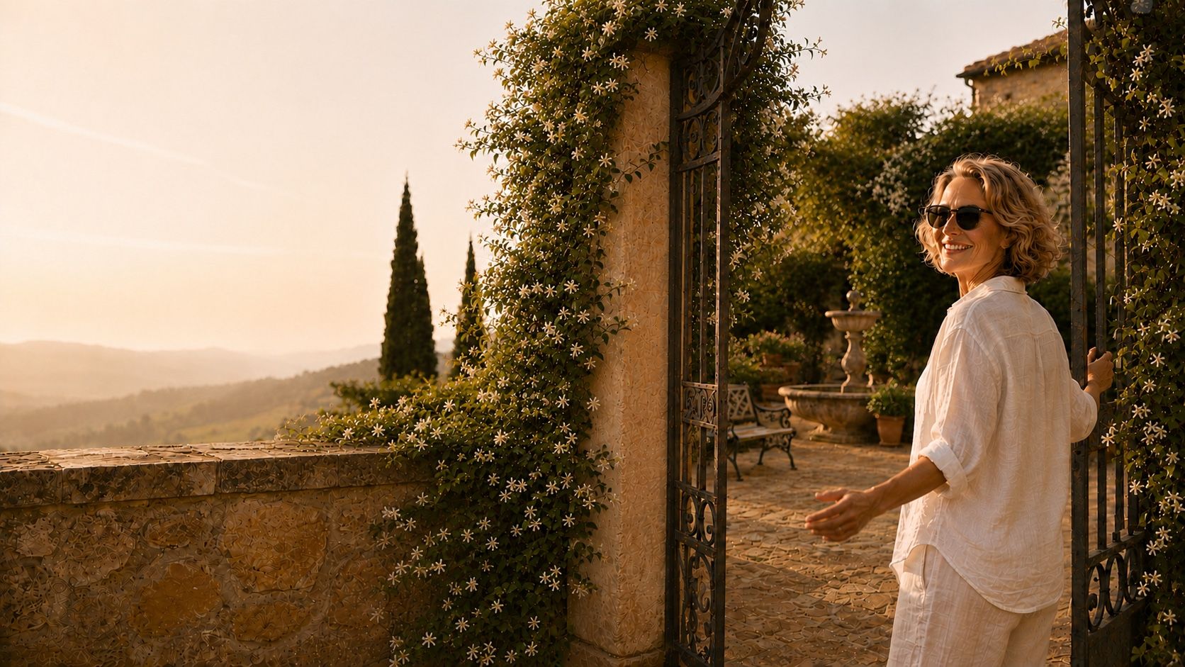 A woman walking along a stone path in a Tuscan garden toward a half-open gate in a low stone wall